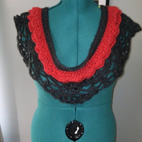 Crochet Multi-Wear Scarf/Wrap/Vest/Accessory in Heathered Red & Gray NEW - Picture 6 of 10